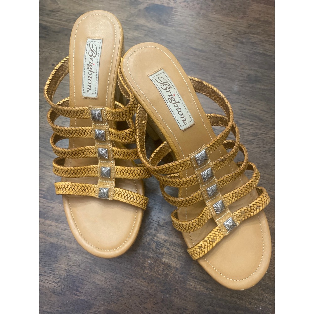 Brighton Tan Woven Leather Studded Platform Wedge Sandals Womens Sz 8.5